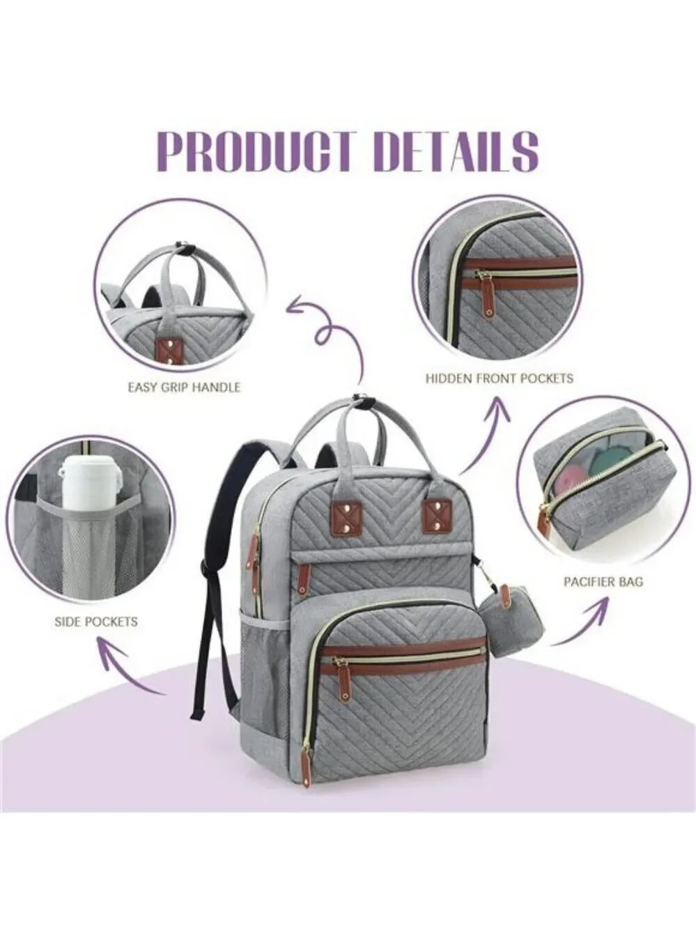 Tuwubi Diaper Bag Backpack Baby Travel Tote Waterproof Stroller Straps Grey